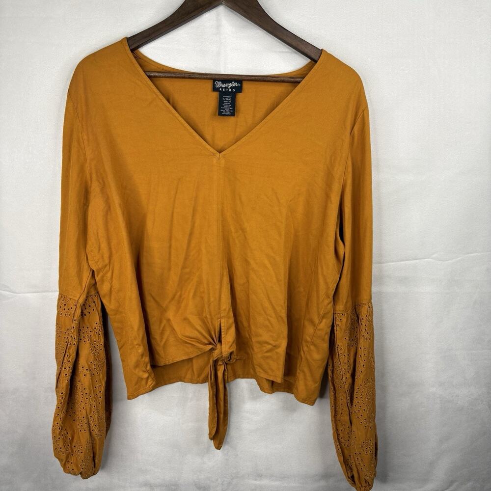 Wrangler Retro Mustard Eyelet Sleeve Tie Front Blouse Women Large Boho Western
